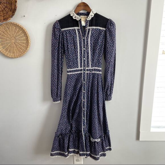 Gunne Sax | 70’s Gunne Sax Edwardian Midi Dress Boho Vintage Cottagecore Lace 9 - Picture 2 of 12